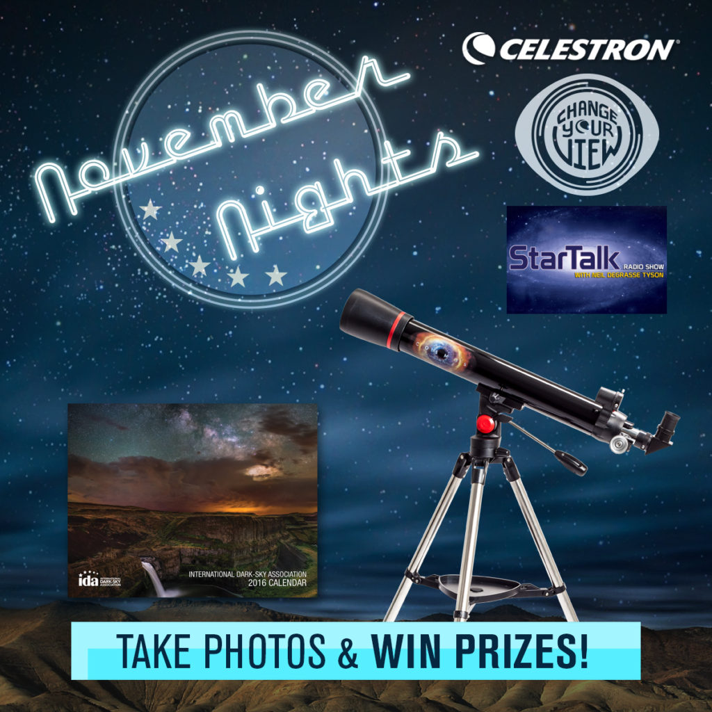 Promotional graphic for "Change your View with Celestron and StarTalk Radio" showing COSMOS 60AZ telescope and International Dark-Sky Association calendar.
