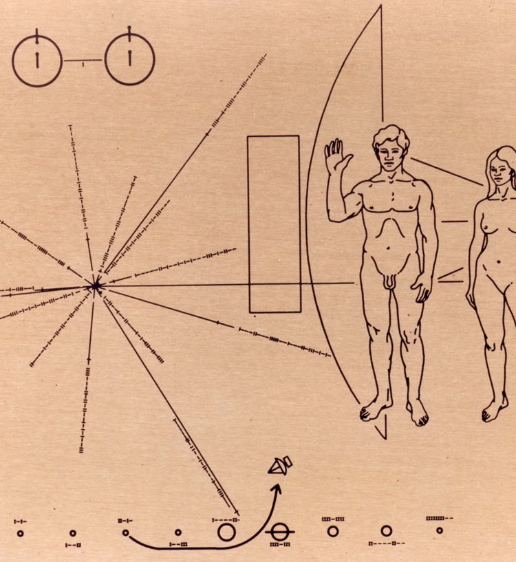 Pioneer 10 spacecraft has this engraved gold-anodized aluminum plate featuring human forms and directions to planet Earth. (NASA)