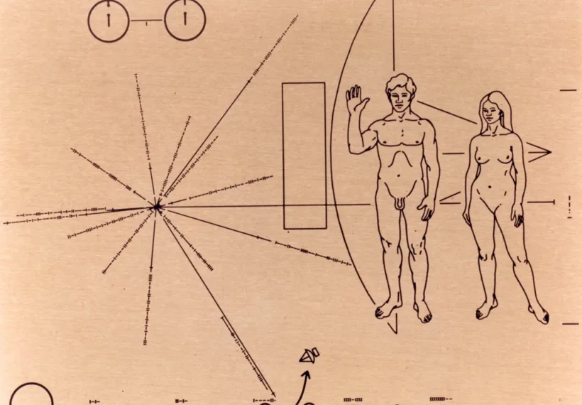 Pioneer 10 spacecraft has this engraved gold-anodized aluminum plate featuring human forms and directions to planet Earth. (NASA)