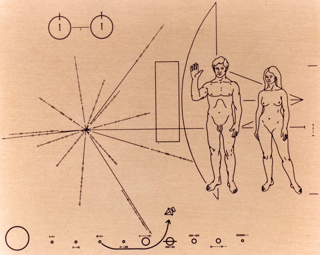  Pioneer 10 spacecraft has this engraved gold-anodized aluminum plate featuring human forms and directions to planet Earth.  (NASA)