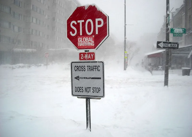 Photo of a stop sign reading "stop global warming," at 19th and Q in Washington D.C., during the 2nd North American blizzard of 2010. Image credit: AgnosticPreachersKid [CC BY-SA 3.0 (https://creativecommons.org/licenses/by-sa/3.0)], from Wikimedia Commons.