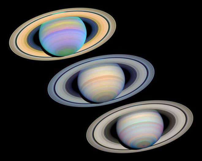 Saturn seen in ultraviolet (top), visible (middle) and infrared (bottom) wavelengths. Credit: E. Karkoschka (Univ. Arizona), NASA.