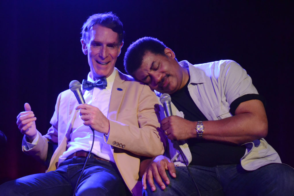 Neil deGrasse Tyson leaning on Bill Nye the Science Guy, Photo Credit: © Elliot Severn, All rights reserved