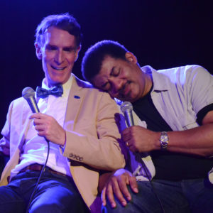 Neil deGrasse Tyson leaning on Bill Nye the Science Guy, Photo Credit: © Elliot Severn, All rights reserved