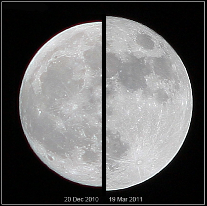 Comparison of March 29 2011 supermoon with average moon on left
