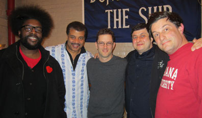 Backstage at StarTalk Live Storms of Our Century with Questlove, Neil deGrasse Tyson, Dr. Adam Sobel, Eugene Mirman and Michael Showalter. Photo Credit: © Leslie Mullen