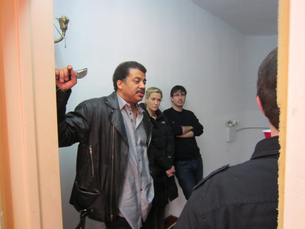 Neil deGrasse Tyson, John Oliver and his wife Kate Norley backstage at Town Hall, 2-27-13. Image Credit: Jeffrey Simons