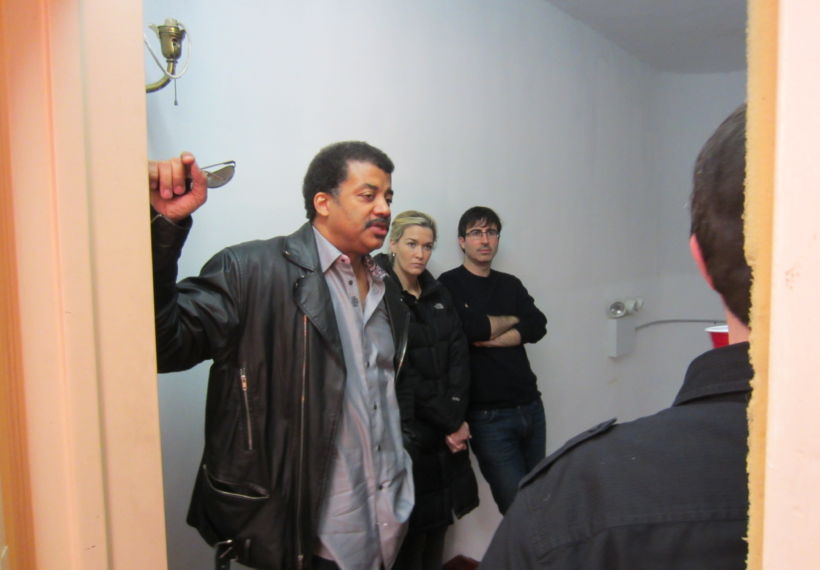 Neil deGrasse Tyson, Kate Norley and her husband John Oliver backstage at Town Hall, 2-27-13. Image Credit: Jeffrey Simons