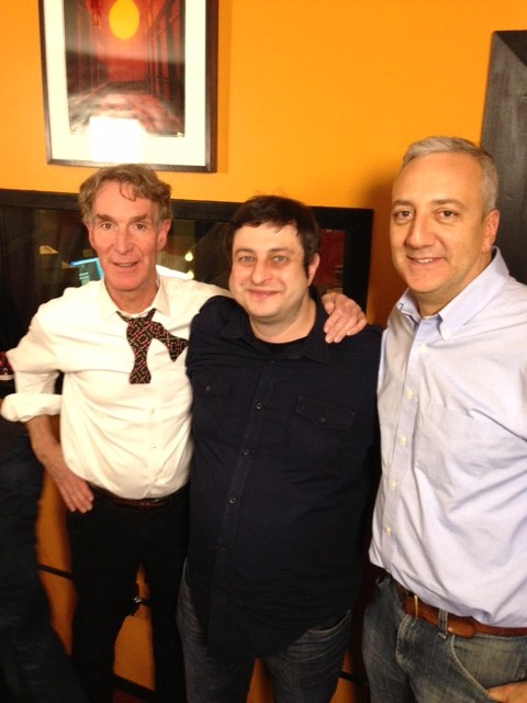 Photo of StarTalk Radio guest host Bill Nye the Science Guy, comic co-host Eugene Mirman and guest NASA astronaut Mike Massimino