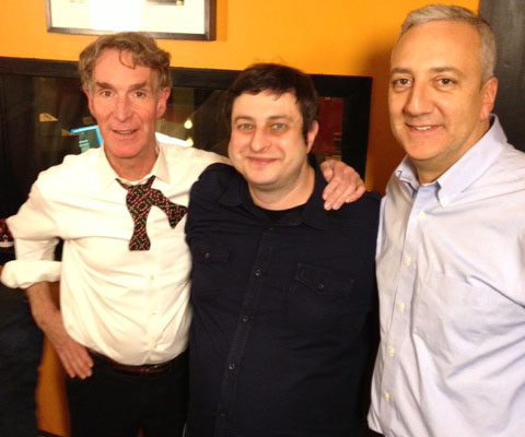 Photo of StarTalk Radio guest host Bill Nye the Science Guy, comic co-host Eugene Mirman and guest NASA astronaut Mike Massimino