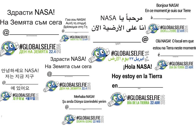 Image showing some of the 22 languages in which NASA created their "#GlobalSelfie" signs.