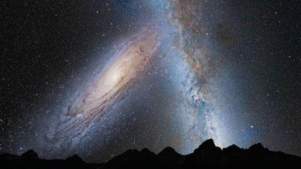 NASA image of collision between Andromeda and Milky Way Galaxies as seen from earth.