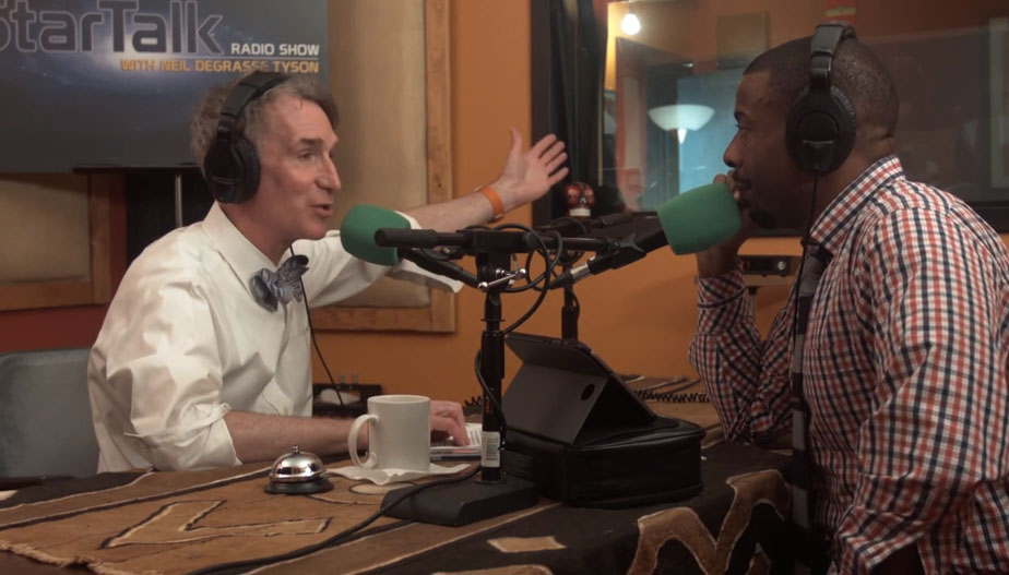 Photo of StarTalk Radio guest host Bill Nye the Science Guy and comic co-host Chuck Nice in studio.