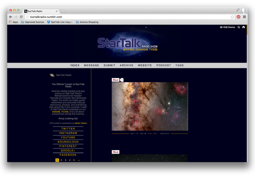 Screen capture of The StarTalk Radio Tumblr page