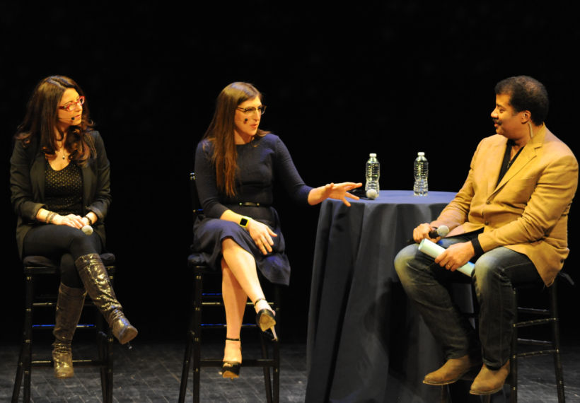Photo from StarTalk Live! at BAM showing Dr. Heather Berlin, Mayim Bialik, and Neil deGrasse Tyson