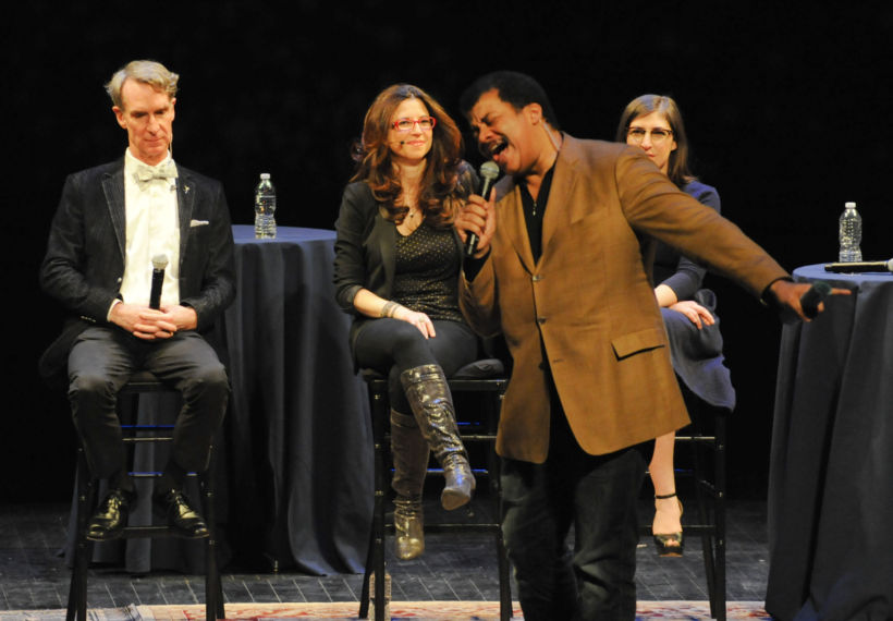 Photo of Neil deGrasse Tyson, Bill Nye the Science Guy, Dr. Heather Berlin and Mayim Bialik on stage at StarTalk Live! at BAM
