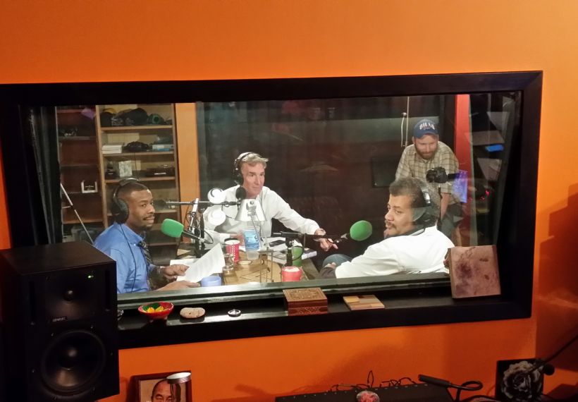 Photo of Chuck Nice, Bill Nye the Science Guy and Neil deGrasse Tyson in studio. Not shown: Elise Andrew of IFLS skyping in.