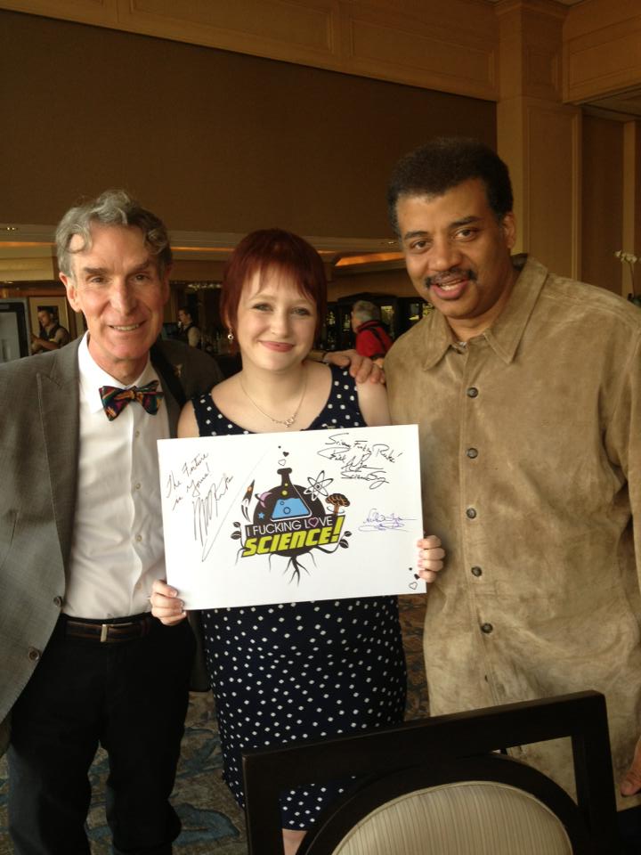 Photo of Bill Nye, Elise Andrew and Neil deGrasse Tyson taken in 2013.
