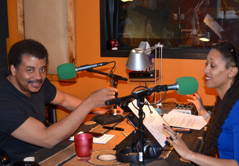Photo of Neil deGrasse Tyson and Leighann Lord in a studio recording session for StarTalk Radio, taken by Jeffrey Simons.