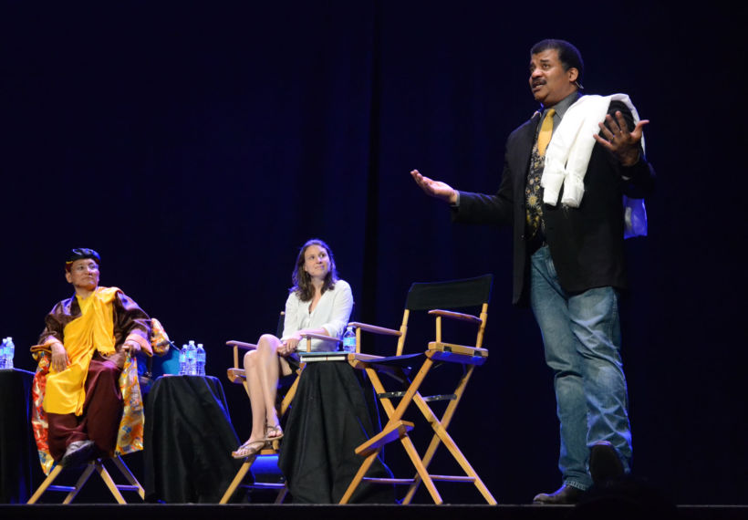 Elliot Severn took this photo of His Holiness the Gyalwang Drukpa, Dr. Tess Russo and Neil deGrasse Tyson at StarTalk Live! at The Beacon Theater in NYC.