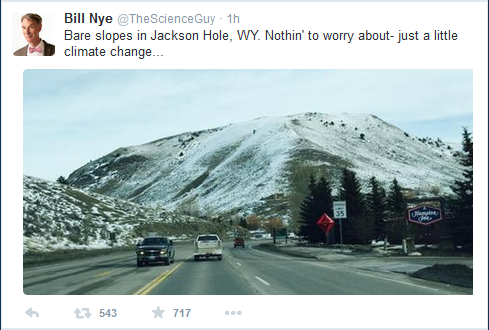Shown: Bill Nye tweeted this photo of bare slopes in Jackson Hole, Wyoming due to climate change.