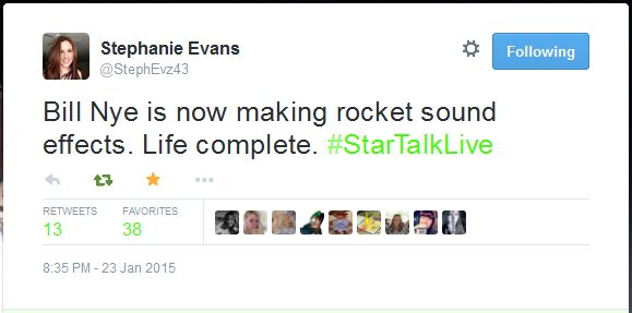 Shown: live tweet about Bill Nye making rocket sound effects, by @StephEvz43.