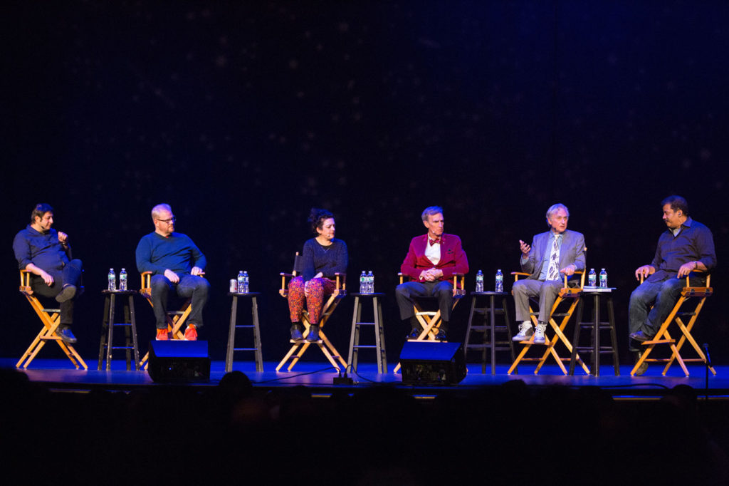 Photo by David Andrako of cast of StarTalk Live! Evolution: Eugene Mirman Jim Gaffigan, Maeve Higgins, Bill Nye, Richard Dawkins and Neil deGrasse Tyson