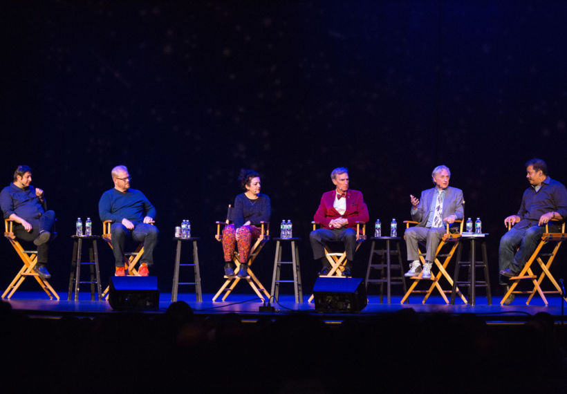 Photo by David Andrako of cast of StarTalk Live! Evolution: Eugene Mirman Jim Gaffigan, Maeve Higgins, Bill Nye, Richard Dawkins and Neil deGrasse Tyson
