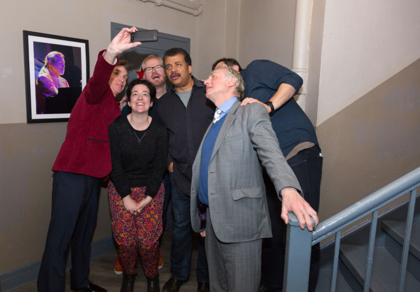This photo by David Andrako shows Bill Nye snapping a selfie backstage at the Beacon Theatre with Maeve Higgins, Jim Gaffigan, Neil deGrasse Tyson, RIchard Dawkins and Eugene Mirman