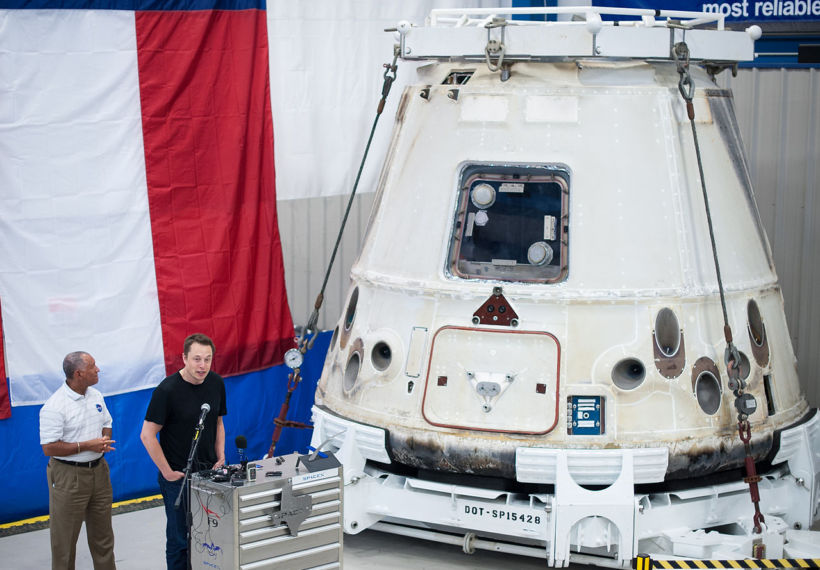 Photo of Elon Musk and NASA Administrator Charles Bolden with the Dragon capsule that made the first private resupply mission to the ISS, courtesy of NASA/Bill Ingalls via Wikimedia Commons