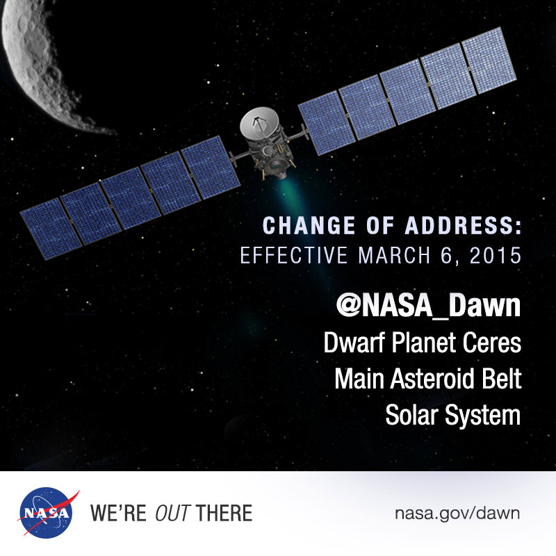 Image of Dawn's "official change of address" from NASA