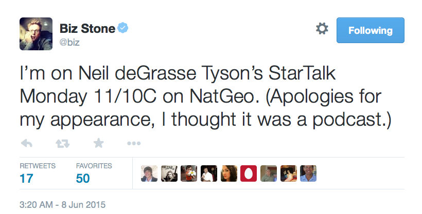Screen capture of Biz Stone's tweet about appearing on StarTalk.