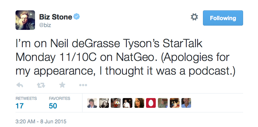 Screen capture of Biz Stone's tweet about appearing on StarTalk.