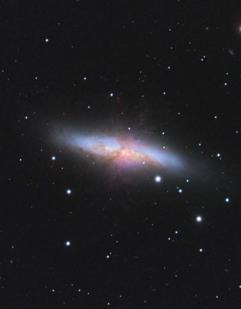 Photo of the Cigar Galaxy M82, NGC 3034, taken by Andre Paquette, using a Celestron EdgeHD 14” telescope, a CGE Pro Mount, and a Nightscape 8300 camera with an exposure of f/7 at the Barred Owl Observatory.