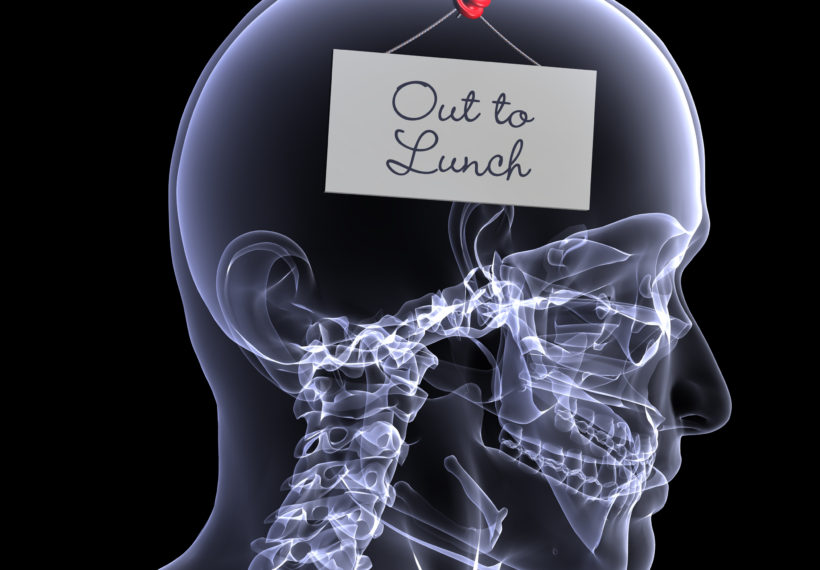 X-Ray photo of a brain with an "Out to Lunch" sign, used for a blog post about StarTalk Radio's new "Side Order of Science" lunchtime videos.