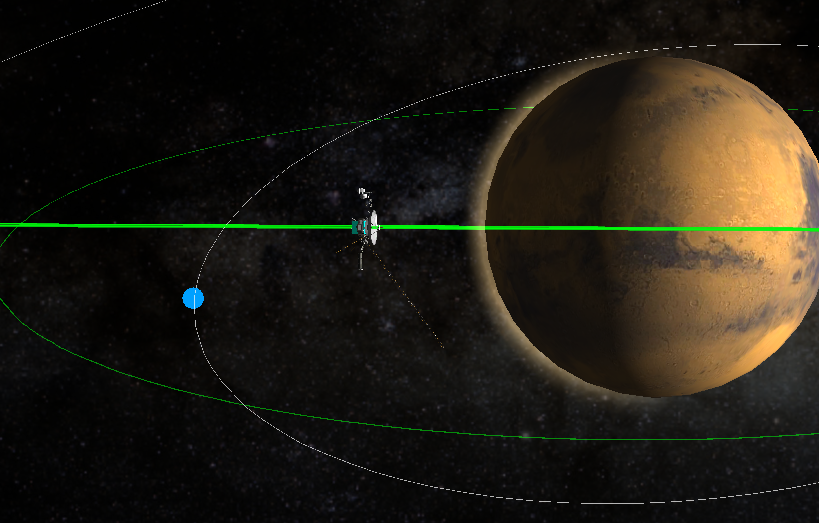 Screenshot from Voyager software, showing a probe based on the Voyager 1 spacecraft shifting orbits around Mars.
