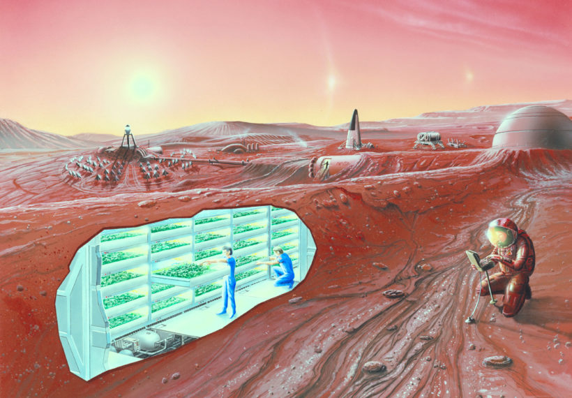 Artists concept of a Mars colony. Credit: NASA Ames Research Center, courtesy of Wikipedia..