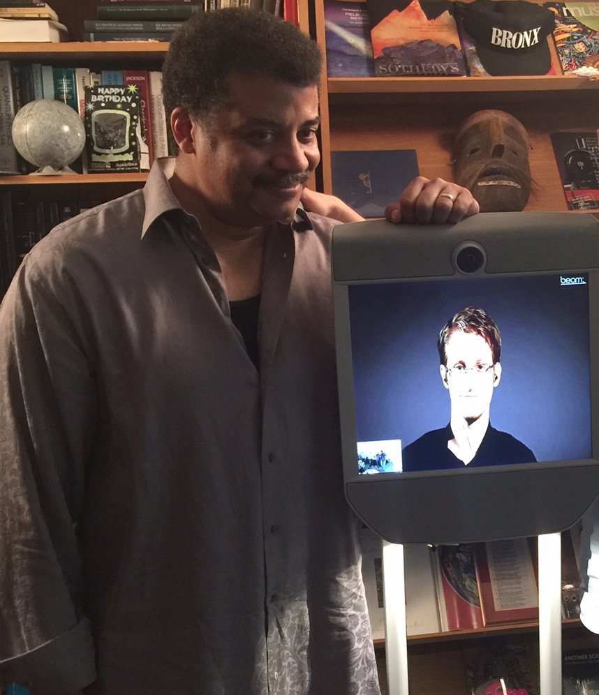 Photo of Neil deGrasse Tyson and his guest Edward Snowden, taken by Josh Bell, ACLU.