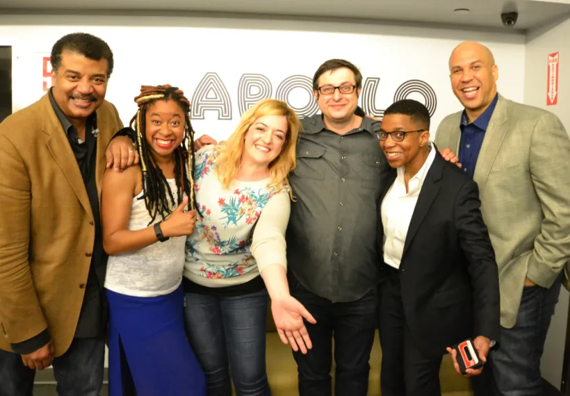 Elliot Severn's photo of the StarTalk Live! crew backstage at the Apollo. Left to right: Neil deGrasse Tyson, Phoebe Robinson, Maeve Higgins, Eugene Mirman, Dr. Ainissa Ramirez, Senator Cory Booker.
