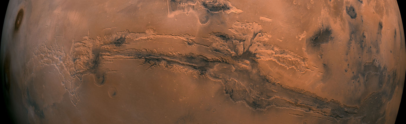 NASA/JPL-Caltech photo mosaic from July 2013 showing the Valles Marineris hemisphere of Mars projected into point perspective, a view similar to that which one would see from a spacecraft.