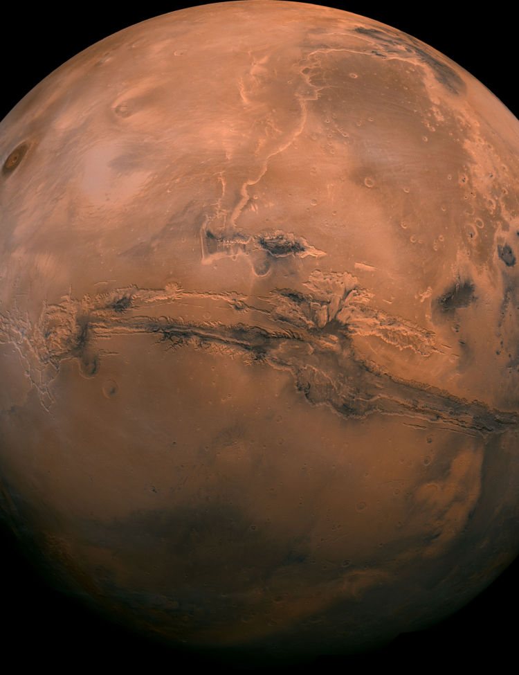 NASA/JPL-Caltech photo mosaic from July 2013 showing the Valles Marineris hemisphere of Mars projected into point perspective, a view similar to that which one would see from a spacecraft.