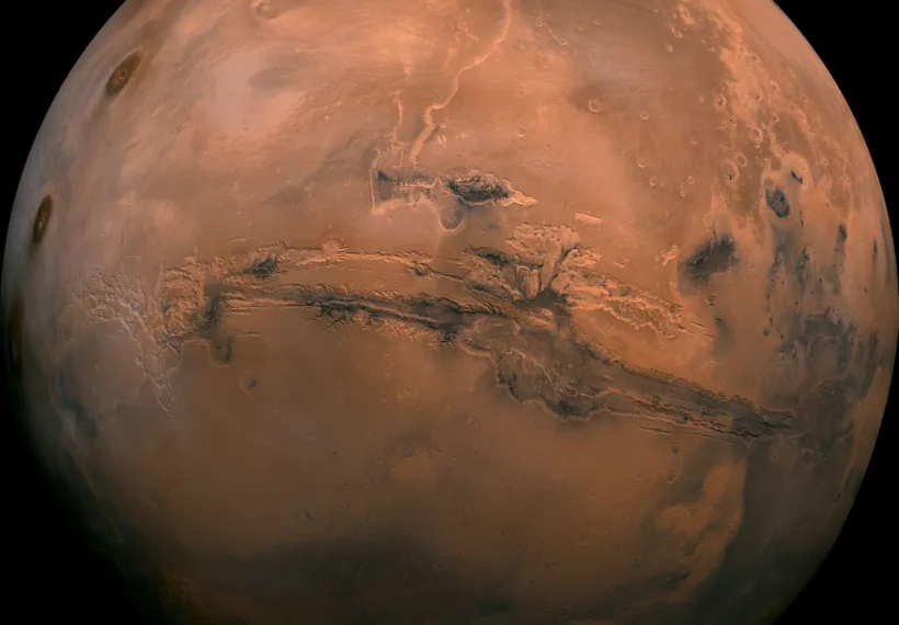 NASA/JPL-Caltech photo mosaic from July 2013 showing the Valles Marineris hemisphere of Mars projected into point perspective, a view similar to that which one would see from a spacecraft.