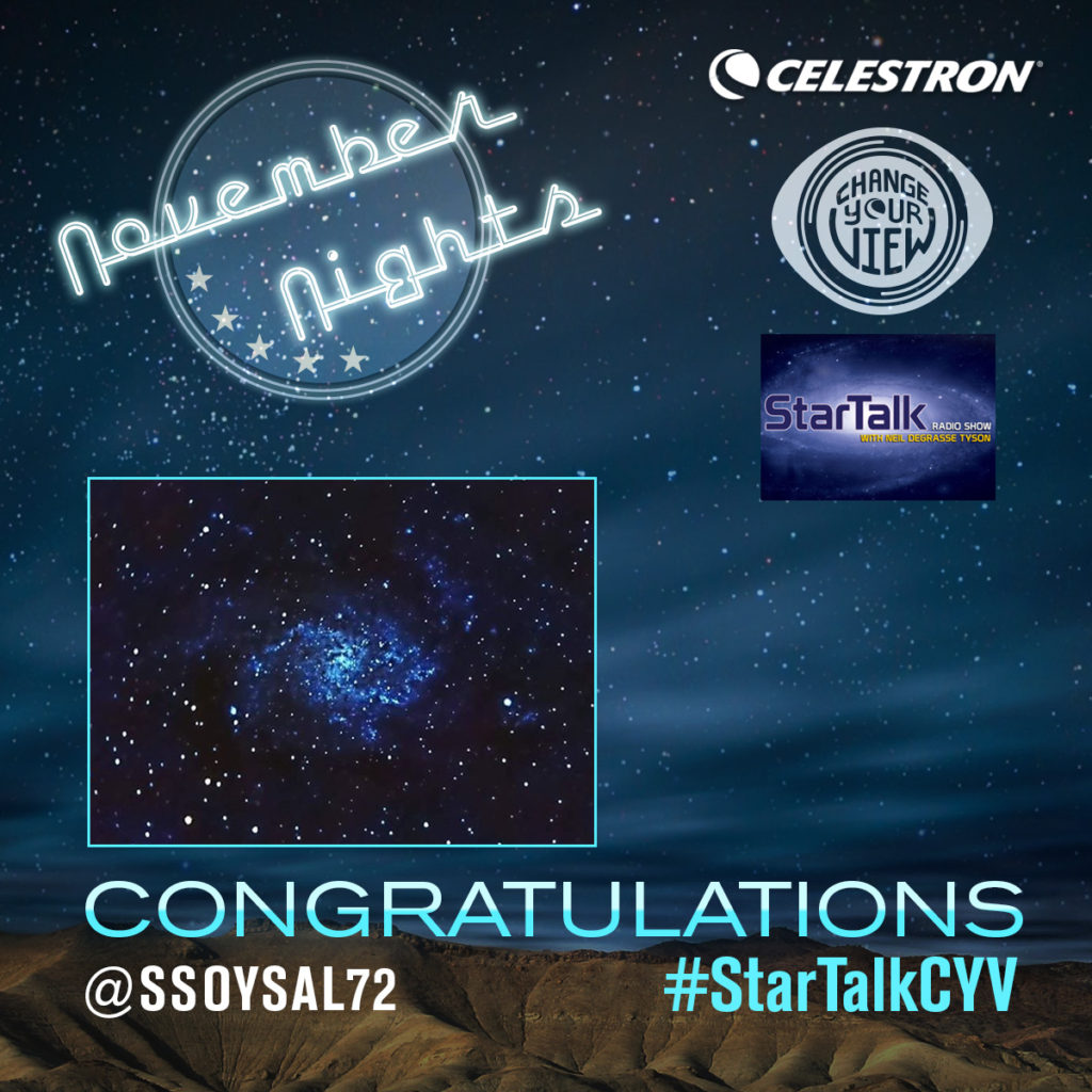 Graphic showing the "Change Your View with Celestron and StarTalk Radio" Week 1 contest winner.