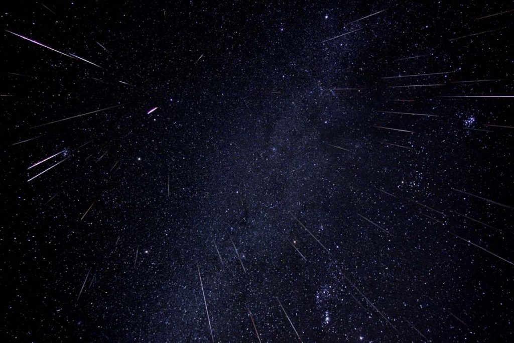 Photo of Geminids taken by Fred Bruenjes, courtesy of Sky and Telescope.