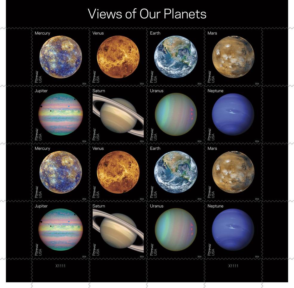 Image of stamp sheet showcasing the planets of our solar system. To be issued by the USPS in 2016.
