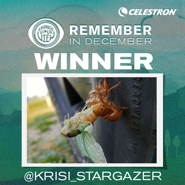 Graphic showing the winner of "Remember in December" for the "Change Your View with Celestron and StarTalk Radio" photo contest.