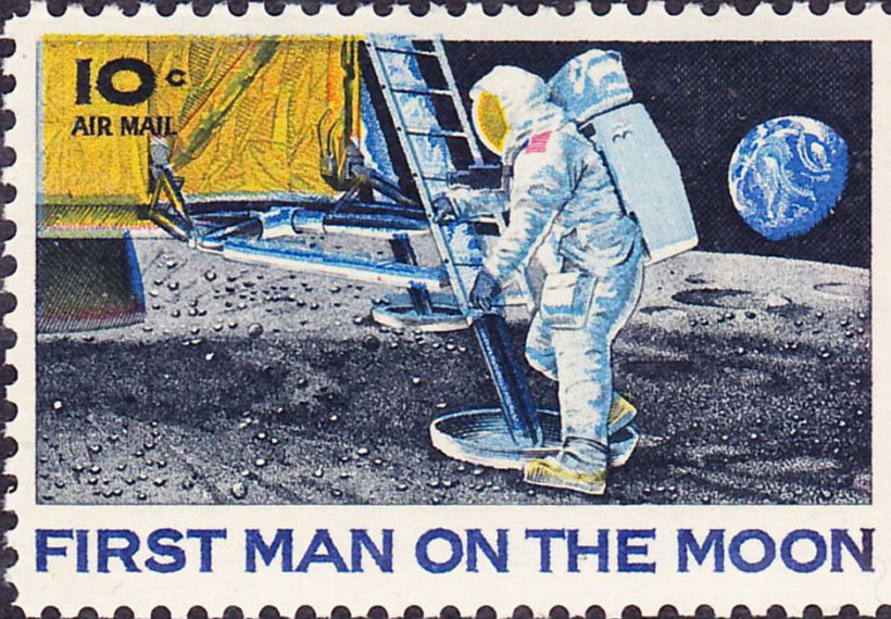 Image of the USPS Stamp commemorating Apollo 11 landing on the moon that was issued by the USPS in 1969.