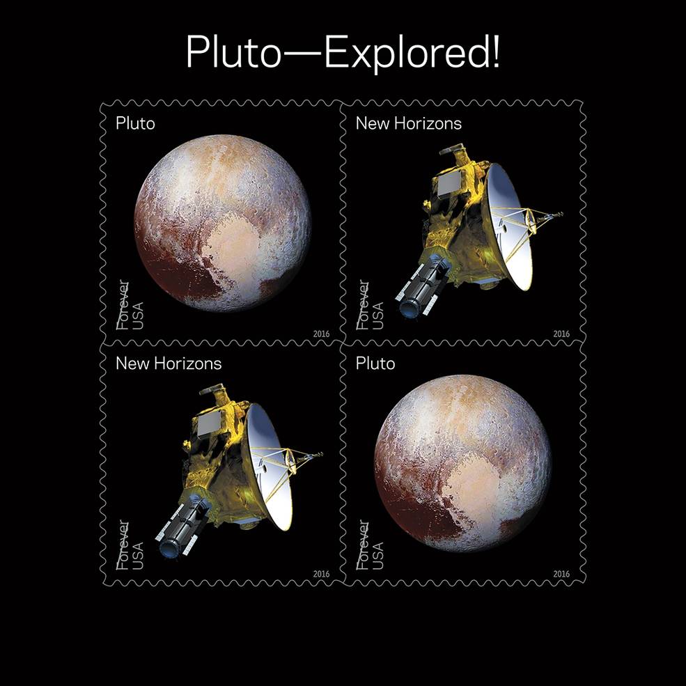 Image of stamp sheet commemorating the exploration of Pluto by New Horizons. To be issued by the USPS in 2016.