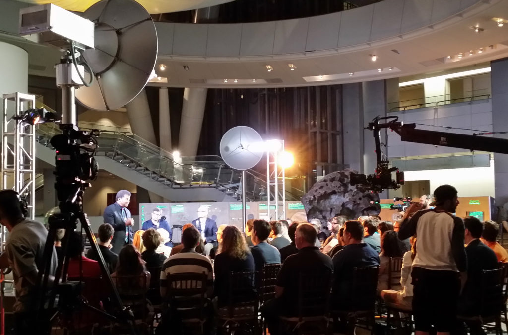 Photo showing set and filming of StarTalkTV on the National Geographic Channel, from the Hall of the Universe at the American Museum of Natural History. Credit: Jeffrey Lee Simons.