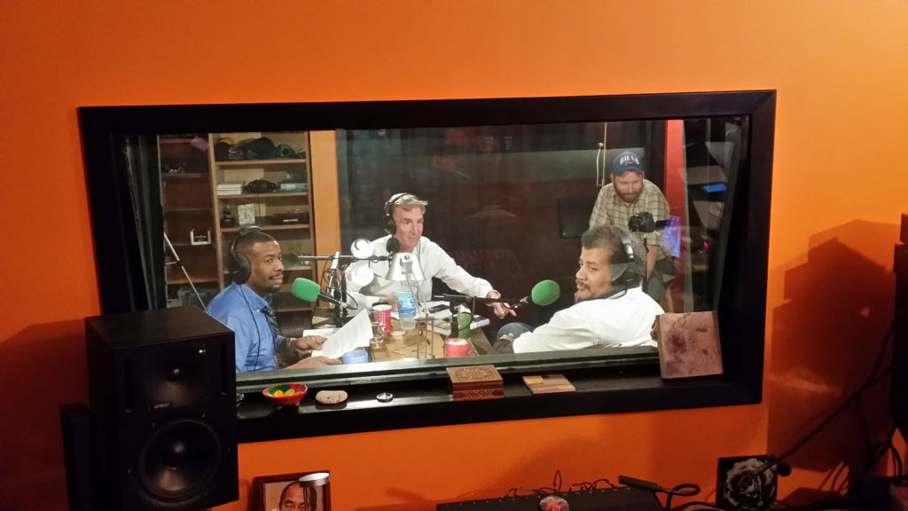 Photo of Bill Nye, Neil deGrasse Tyson and Chuck Nice in studio for the recoding of the StarTalk Radio Episode, "Cosmic Queries: Rocket Science Is Hard."